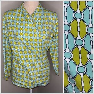 J McLaughlin aqua blue & lime green faux wrap geometric shirt top size Medium